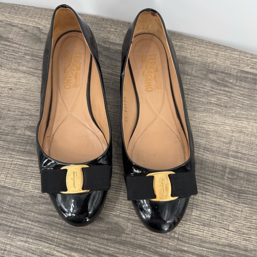 Salvatore Ferragamo Black Flats with Gold Accent